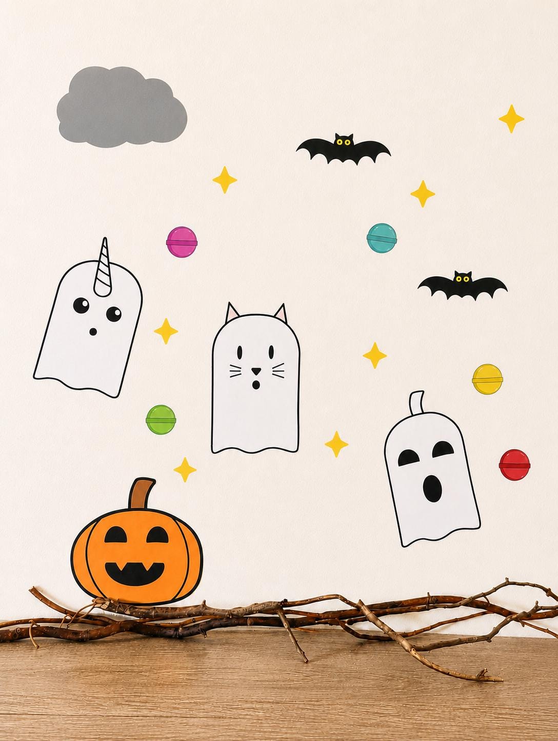 Midi Halloween night ghost wall decal set on a wall