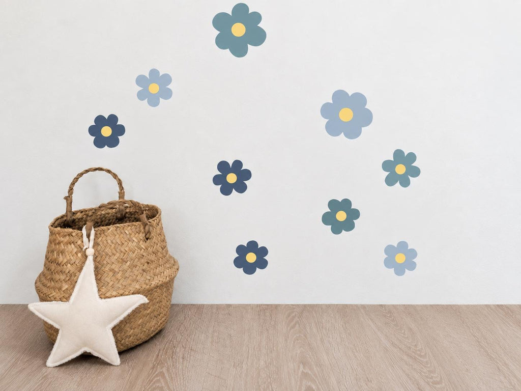 Blue Flower Wall Decals in pale blue, dusty blue, teal and navy with soft yellow centers