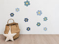 Blue Flower Wall Decals in pale blue, dusty blue, teal and navy with soft yellow centers