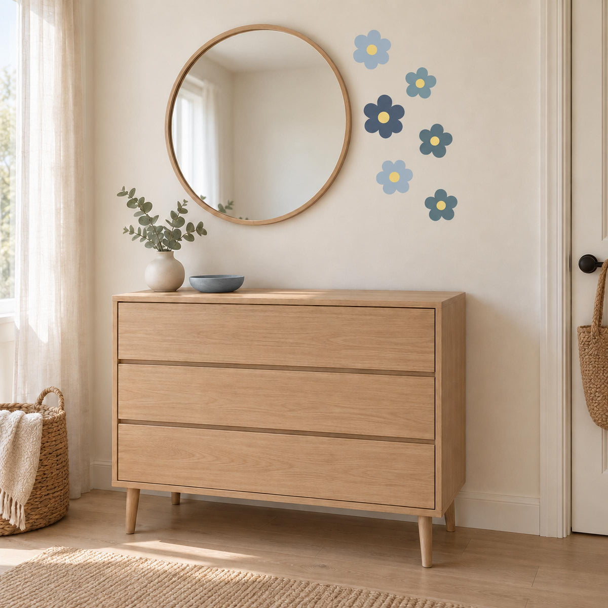 Blue flower wall decals in a children's bedroom