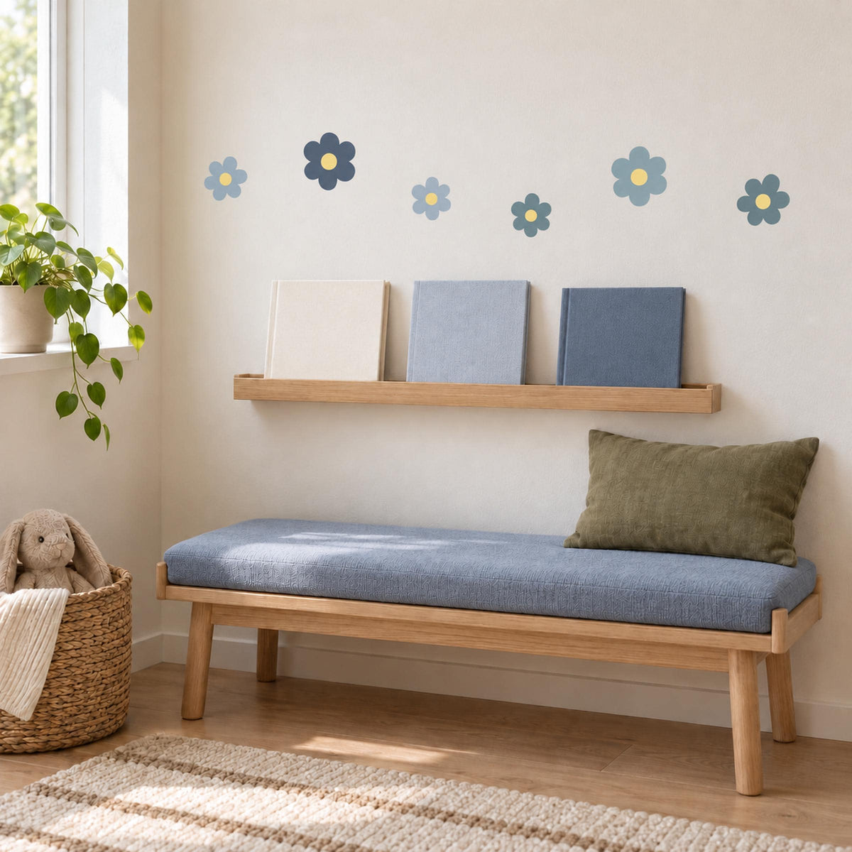 Blue flower wall decals arranged above furniture