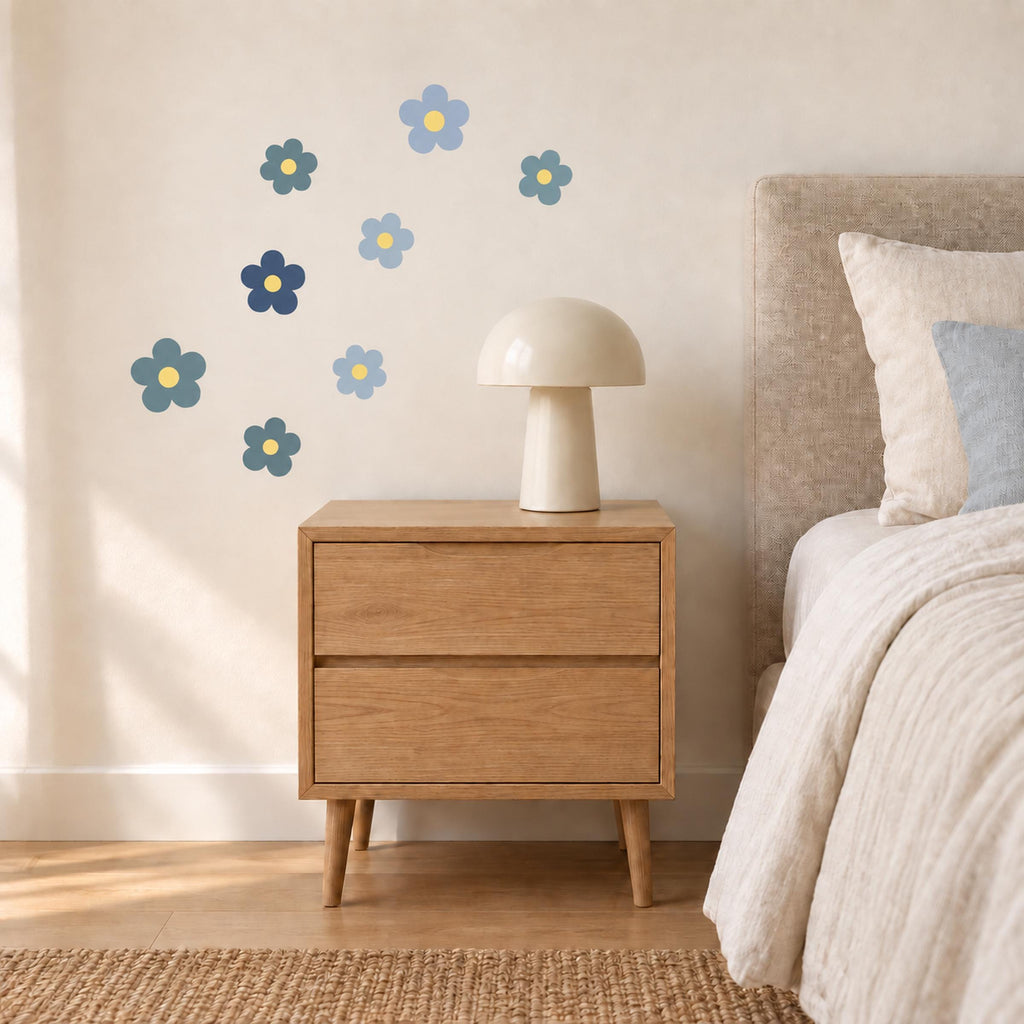 Blue flower wall decals on a wardrobe door