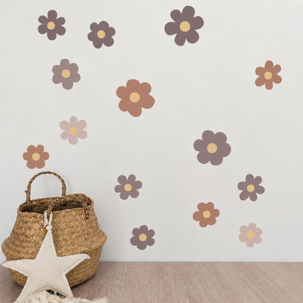 Brown flower wall decals scattered across a wall