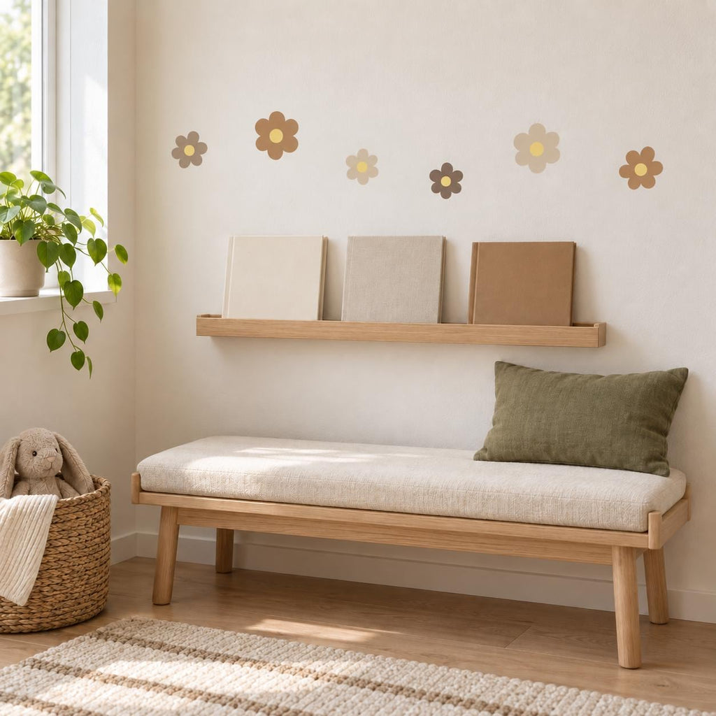 Brown flower wall decals arranged above furniture
