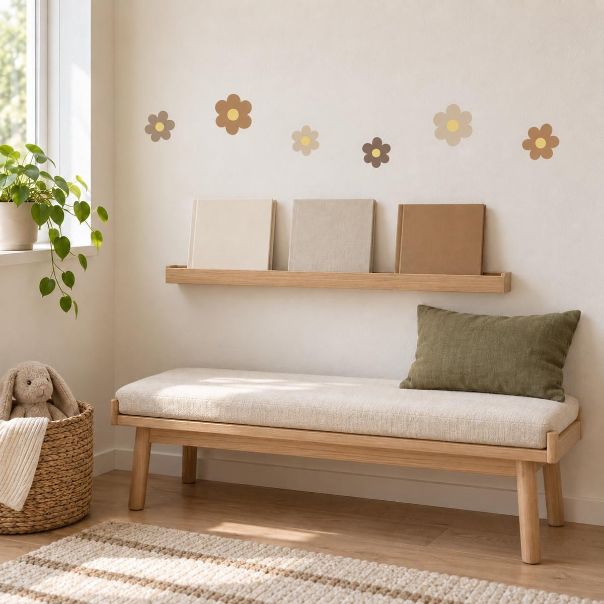 Brown flower wall decals arranged above furniture