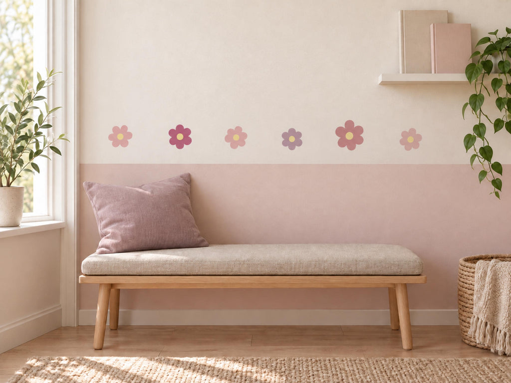 Pink Flower Wall Decals in blush pink, dusty rose, berry and mauve with pale yellow centres