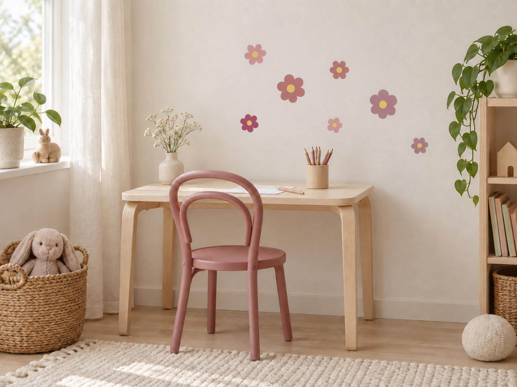 Pink flower wall decals arranged in a children's bedroom
