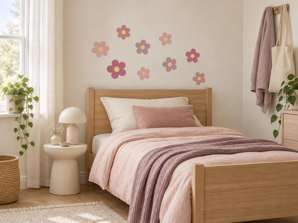 Close-up of the pink flower decal shapes and shades