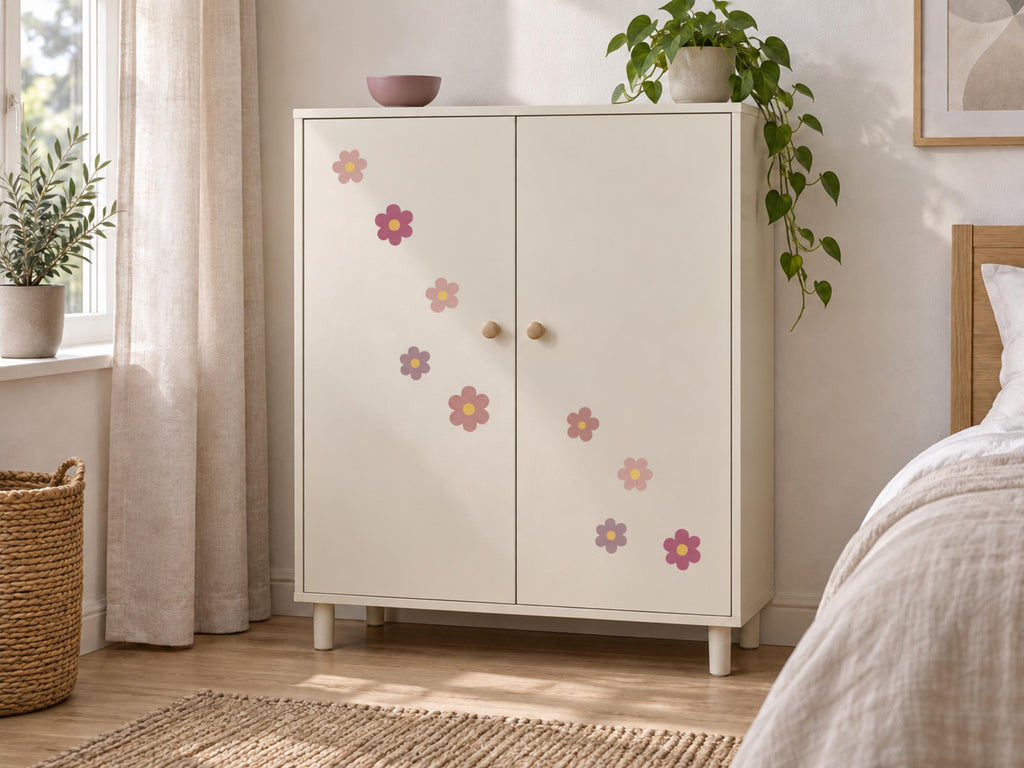 Pink flower wall decals above furniture