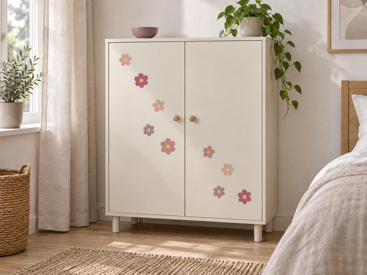Pink flower wall decals above furniture