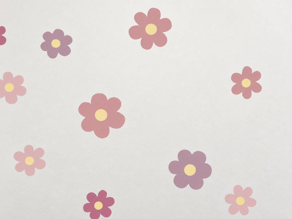 Pink flower wall decals styled in a reading corner