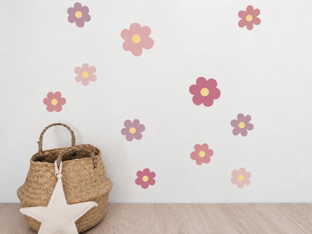 A3 sheet of 17 pink flower wall decals with size guide